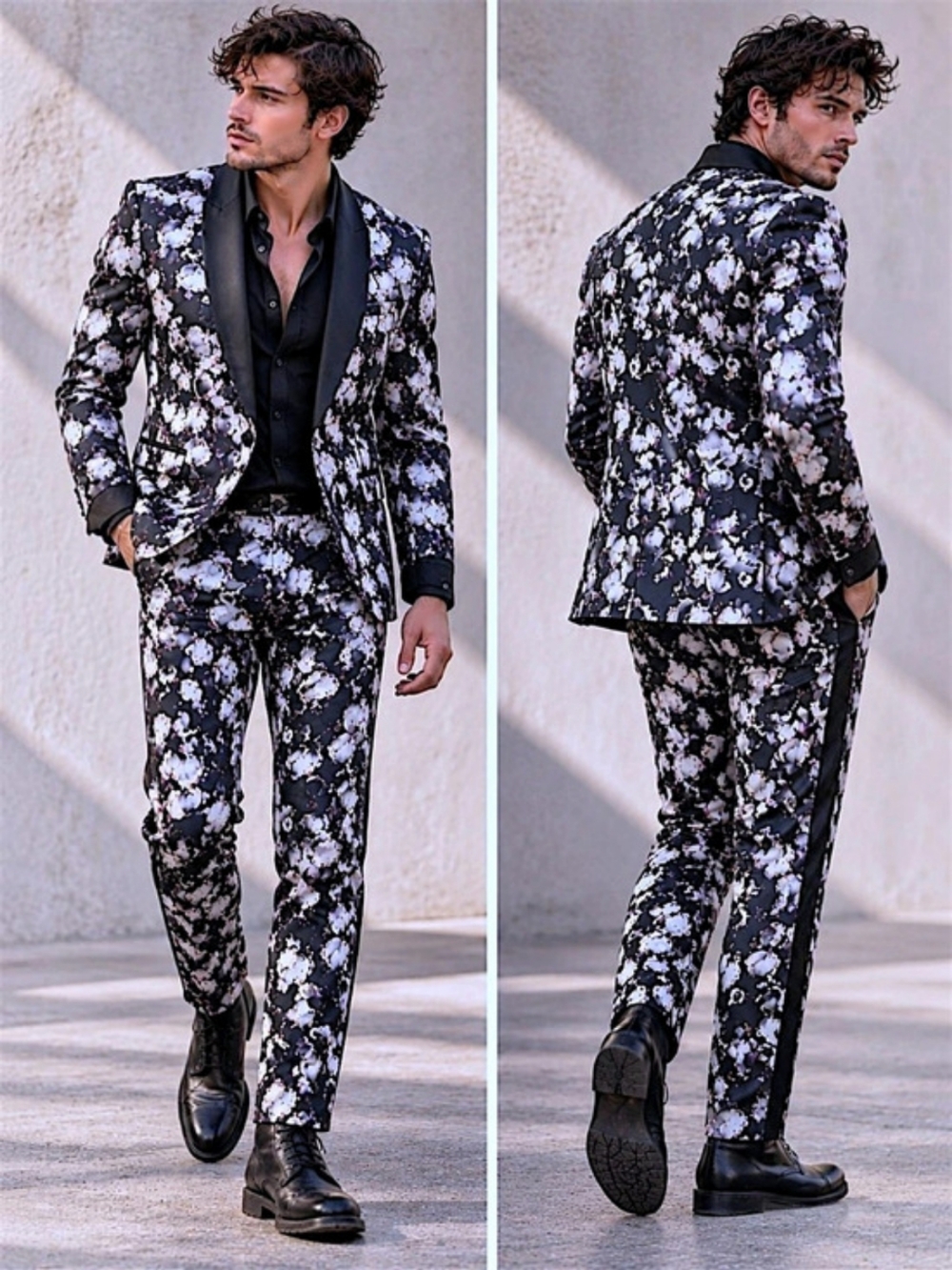 Topman 36R Floral Suit Black Slim Fit 2pc Wedding Formal Statement Maximalist
